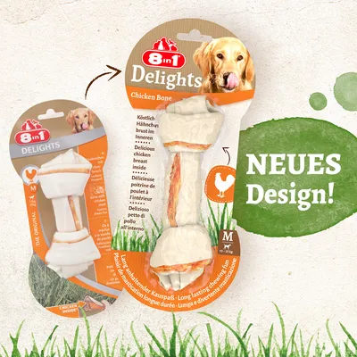 8in1 Delights Chicken Bone, okusna piščančja prsa v notranjosti, nova zasnova, velikost M za pse od 10 do 25 kg, dolgotrajno žvečenje.