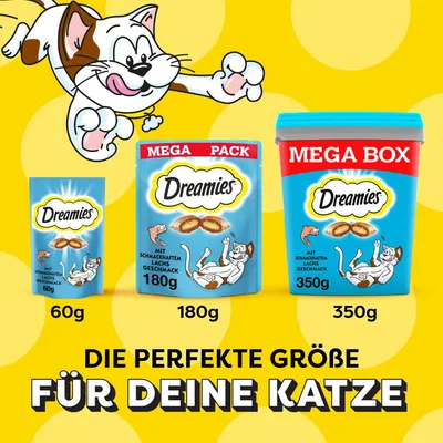 Dreamies Katzensnacks mit schmackhaftem Lachs-Geschmack in Grössen: 60g, 180g Mega Pack, 350g Mega Box. Text: Die perfekte Grösse für deine Katze.