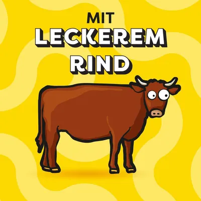 Mit leckerem Rind. Illustration einer braunen Kuh auf gelbem Hintergrund.