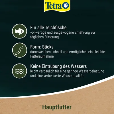 Tetra Hauptfutter für alle Teichfische. Form: Sticks, weichen schnell durch für leichte Futteraufnahme. Keine Eintrübung des Wassers, leicht verdaulich für bessere Wasserqualität.