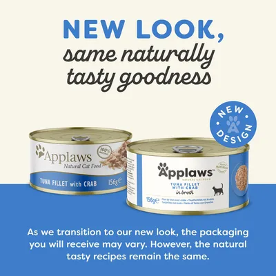 Announcement showing Applaws tuna fillet with crab cans in old and new packaging, stating 'New look, same naturally tasty goodness'. Packaging may vary but recipes remain unchanged.