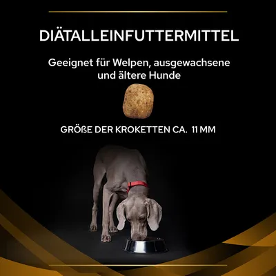 Diätalleinfuttermittel, geeignet für Welpen, ausgewachsene und ältere Hunde. Grösse der Kroketten ca. 11 mm. Hund frisst aus einem Napf.