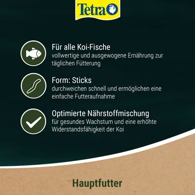 Tetra Hauptfutter für alle Koi-Fische. Form: Sticks, durchweichen schnell für einfache Futteraufnahme. Optimierte Nährstoffmischung für Wachstum und Widerstandsfähigkeit der Koi.