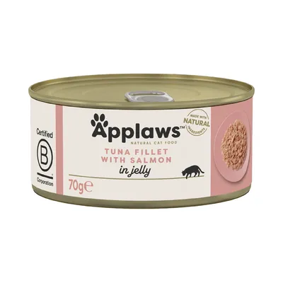 Applaws Natural Cat Food, Tuna Fillet with Salmon in Jelly, 70 g. Certified B Corporation. Made with natural ingredients. Prikaz hrane na tanjuru.