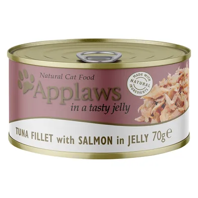 Boîte Applaws Natural Cat Food, in a tasty jelly, TUNA FILLET with SALMON in JELLY 70 g, Made with natural ingredients. Image du produit visible sur l’étiquette.
