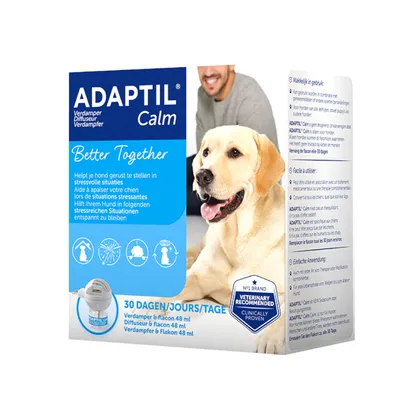 ADAPTIL Calm Verdamperset, 48 ml. Helpt je hond gerust te stellen in stressvolle situaties. 30 dagen gebruik. Veterinary recommended, clinically proven. Tekst deels in Nederlands en Frans.