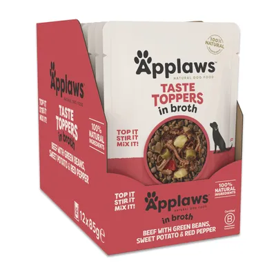 Applaws Taste Toppers liemessä, naudanliha vihreillä pavuilla, bataatilla ja punaisella paprikalla. 100 % luonnollisia ainesosia. Pakkaus, jossa 12x85 g. Applaws Taste Toppers liemessä, naudanliha vihreillä pavuilla, bataatilla ja punaisella paprikalla. 100 % luonnollisia ainesosia. Pakkaus, jossa 12x85 g.