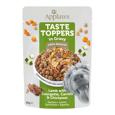 Applaws Taste Toppers in Gravy, 100% Natural, Lamm mit Zucchini, Karotten und Kichererbsen, 85g. Bild zeigt Schale mit Futter und Hund.
