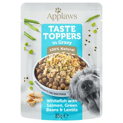 Applaws Taste Toppers v omáčke, 100% prírodné. Doplnkové krmivo pre psov. Biela ryba s lososom, zelenými fazuľkami a šošovicou. Veľkosť balenia: 85g.