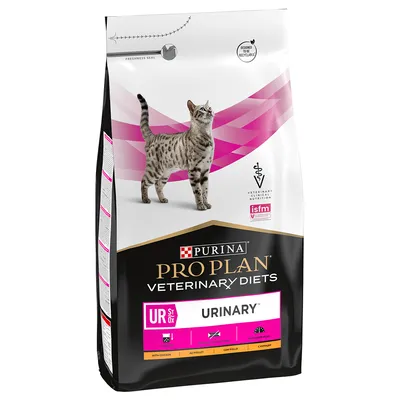 Purina Pro Plan Veterinary Diets UR Urinary kattmat med kyckling, stödjer urinvägshälsa. Förpackningen visar ISFM-certifikat och återvinningsbar design.