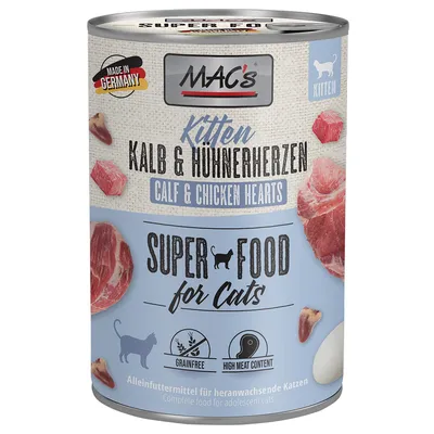 MAC's Kitten Kalb & Hühnerherzen Calf & Chicken Hearts, Super Food for Cats, bez zbóż, wysoka zawartość mięsa, Made in Germany. Karma pełnoporcjowa dla młodych kotów.