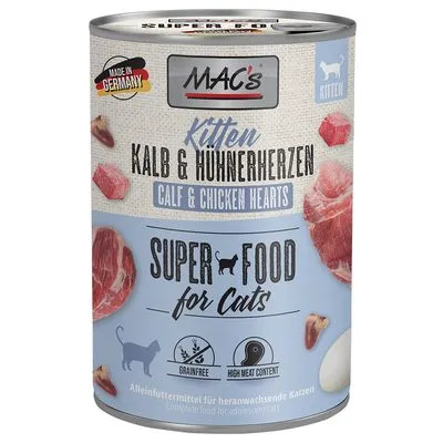 MAC's Kitten Kalb & Hühnerherzen, Calf & Chicken Hearts, Super Food for Cats, graanvrij, hoog vleesgehalte, Made in Germany. Blik natvoer voor kittens zichtbaar.