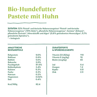 Biologisch hondenvoer paté met kip. Ingrediënten: 52% vlees, groenten, mineralen, algen. Analytische bestanddelen: eiwit 9%, vet 5%. Additieven: vitamine D3 110 IE/kg, zink 2,9 mg/kg.