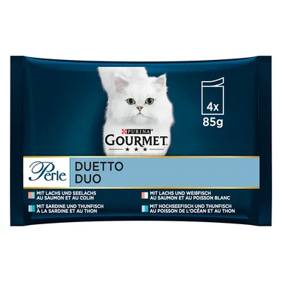 Purina Gourmet Perle Duetto Duo, 4x85g. Variedades: salmón y abadejo, sardina y atún, pescado blanco y salmón, pescado de alta mar y atún.