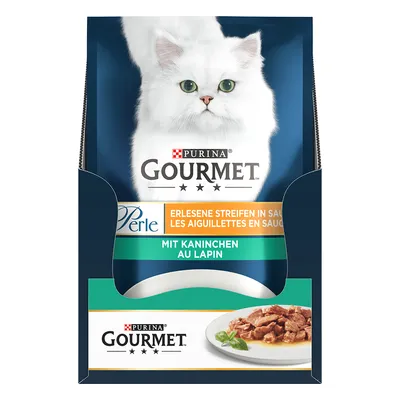 Purina Gourmet Perle, fijne reepjes in saus, met konijn. Verpakking toont een witte langharige kater en een bord met stukjes vlees.
