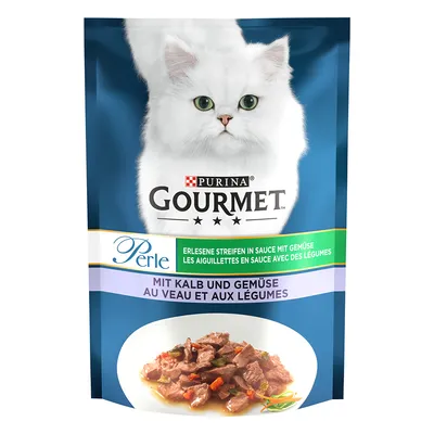 Purina Gourmet Perle, fijne reepjes in saus met kalf en groenten. Verpakking toont productafbeelding met stukjes vlees in saus.