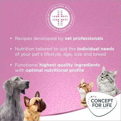 Testo in inglese: Developed with veterinarians & nutrition experts. Recipes developed by vet professionals, individual needs, highest quality ingredients. Concept for Life.