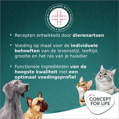 Recepten ontwikkeld door dierenartsen, voeding op maat voor individuele behoeften huisdier, ingrediënten van de hoogste kwaliteit met optimaal voedingsprofiel. Concept for Life.