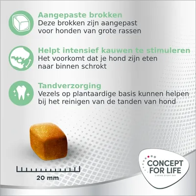 Aangepaste brokken voor grote hondenrassen, helpt intensief kauwen te stimuleren en tandverzorging. Brok van 20 mm. Concept for Life merk zichtbaar.