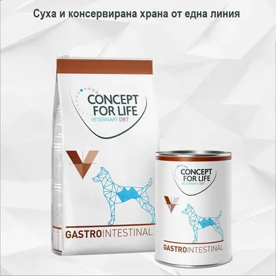 Concept for Life Veterinary Diet Gastrointestinal суха и мокра храна, опаковка с силует на куче и видим продуктово име.