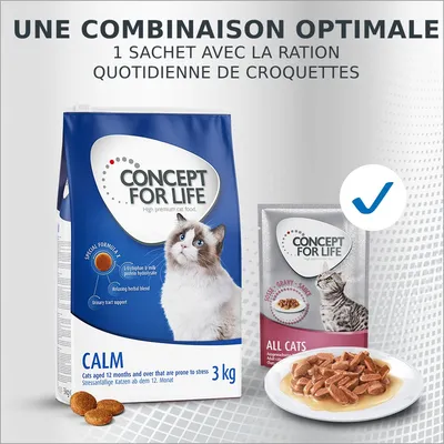 Concept for Life Calm 3 kg croquettes pour chats et sachet All Cats, texte : une combinaison optimale, 1 sachet avec la ration quotidienne de croquettes. Marque et produits visibles.