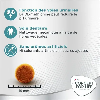 Fonction des voies urinaires : la DL-méthionine peut réduire le pH urinaire. Soin dentaire : nettoyage mécanique avec fibres végétales. Sans arômes artificiels, colorants ni sucres ajoutés. Concept for Life.