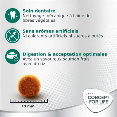 Soin dentaire, sans arômes artificiels, digestion & acceptation optimales. Croquette de 10 mm. Concept for Life. Texte en français belge visible sur l’image.