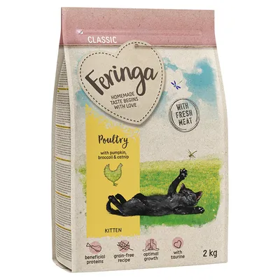 Feringa Classic Kitten hrană uscată pentru pisici, pasăre cu dovleac, broccoli și mentă pentru pisici. Cu carne proaspătă, fără cereale, optimă pentru creștere, cu taurină. Mărime pachet: 2 kg.