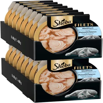 Sheba Fileti iz belega rib iz odgovorno pridobljenih virov, 8 x 60 g = 480 g, embalaža s prikazom izdelka in besedilom Poissons blancs issus de sources responsables. Sheba Fileti iz belega rib iz odgovorno pridobljenih virov, 8 x 60 g = 480 g, embalaža s prikazom izdelka in besedilom Poissons blancs issus de sources responsables.