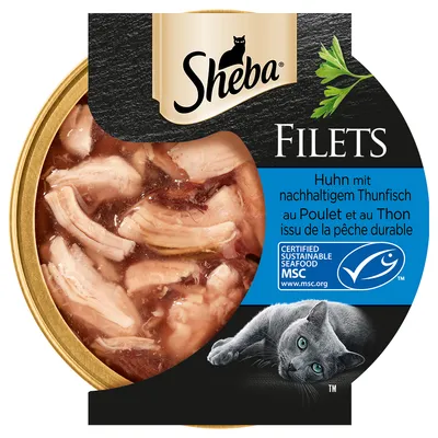 Sheba FILETS, курица с тунцом. Сертификат MSC Certified Sustainable Seafood. Текст на немецком и французском языках. Изображение корма и лежащей кошки.