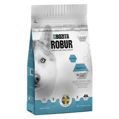 Bozita Robur suha hrana za pse, 3 kg. Vidno: 77 % animal protein, reindeer, sensitive, grain free, made in Sweden, adult dog, 16 % fat, 26 % protein.