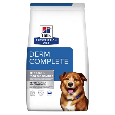 Hill's Prescription Diet Derm Complete, bőrápolás és táplálékintolerancia, állatorvosok által ajánlott.