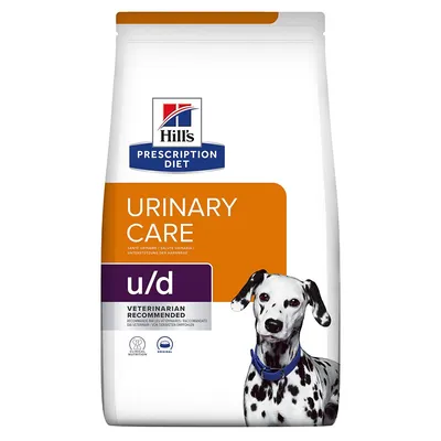 Hill's Prescription Diet Urinary Care u/d, raccomandato dai veterinari. Immagine di un cane dalmata sulla confezione.