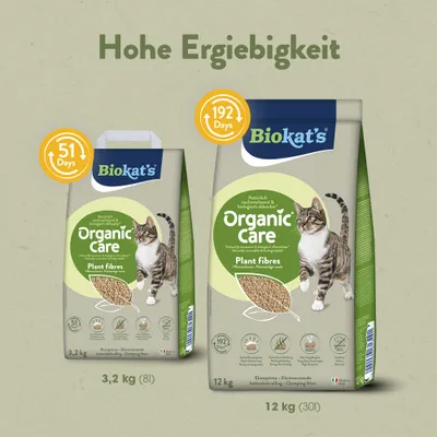 Biokat's Organic Care Plant fibres Klumpstreu, 3,2 kg für 51 Tage und 12 kg für 192 Tage. Hohe Ergiebigkeit, pflanzliche Fasern, biologisch abbaubar. Biokat's Organic Care Plant fibres Klumpstreu, 3,2 kg für 51 Tage und 12 kg für 192 Tage. Hohe Ergiebigkeit, pflanzliche Fasern, biologisch abbaubar.