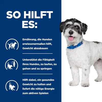 So hilft es: Ernährung hilft Hunden, Gewicht abzubauen. Unterstützt die Fähigkeit zu laufen, gehen und springen. Hilft gesundes Gewicht zu halten und Energie für aktives Spielen zu liefern.