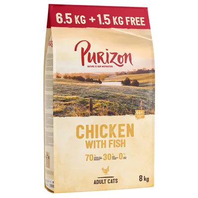Purizon Adult Cats dry food, Chicken with Fish, 8 kg. 6.5 kg + 1.5 kg free. 70% meat & fish, 30% vegetables, 0% grain.