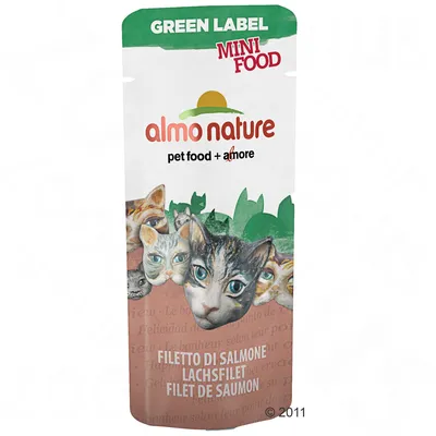 Plic hrană pentru pisici Almo Nature Green Label Mini Food, text vizibil: pet food + amore, Filetto di Salmone, Lachsfilet, Filet de Saumon, imagini cu capete de pisici.