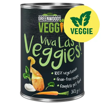 Boîte Greenwoods Veggie Viva Las Veggies! 100% vegetarian, grain-free recipe, complete pet food, 375 g. Sceau jaune avec texte VEGGIE et feuilles vertes.
