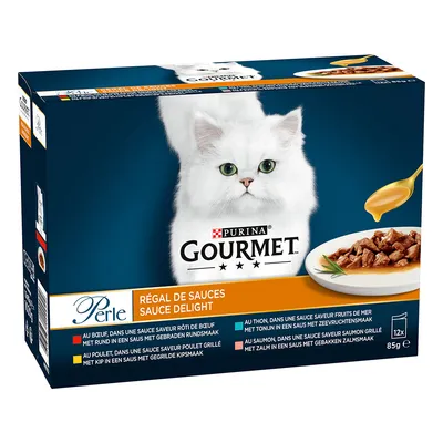 Purina Gourmet Perle Régal de Sauces Sauce Delight, 12x85g. Varieties: beef, chicken, tuna, salmon in various sauces. Packaging shows a white cat and served product.