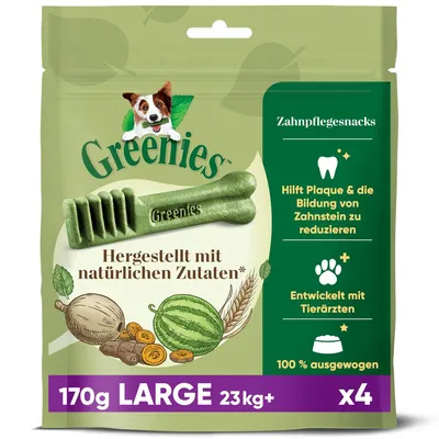 Greenies Zahnpflegesnacks, hergestellt mit natürlichen Zutaten, 170g, Grösse Large für Hunde ab 23kg. Hilft Plaque und Zahnsteinbildung zu reduzieren, entwickelt mit Tierärzten, 100% ausgewogen.