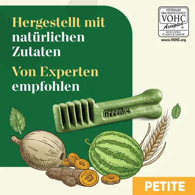 Greenies Petite. Hergestellt mit natürlichen Zutaten, von Experten empfohlen. VOHC-Siegel zur Kontrolle von Plaque und Zahnstein.