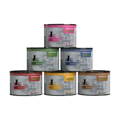Catz Finefood Monoprotein консервирана храна за котки, видове: говеждо, патица, пуйка, пиле, кенгуру, диво прасе. Без зърнени, без тестове върху животни.