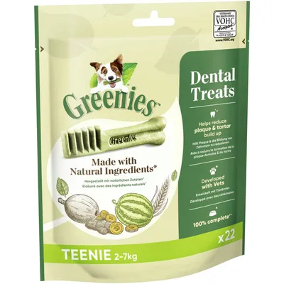Greenies Dental Treats Teenie 2-7kg, hergestellt mit natürlichen Zutaten. Hilft Plaque und Zahnstein zu reduzieren. Entwickelt mit Tierärzten. Packung enthält 22 Stück.
