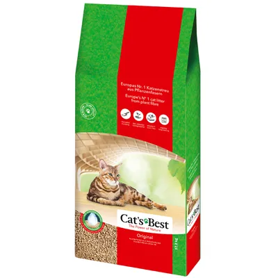 Cat's Best Original mačji pijesak od biljnih vlakana, europski br. 1, grudajući i upijajući mirise, pakiranje sa zelenim dizajnom i crvenim natpisom, sadržaj: 27,2 l.