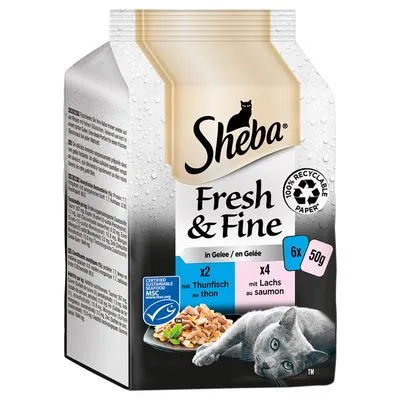 Sheba Fresh & Fine kattenvoer in gelei, 6x50g. 2x met tonijn, 4x met zalm. 100% recyclebaar papier. MSC-keurmerk zichtbaar op verpakking.