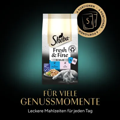 Sheba Fresh & Fine in Gelee, 6 Portionen à 50g, Sorten: 2x Thunfisch, 4x Lachs. Für viele Genussmomente. Leckere Mahlzeiten für jeden Tag. Recyclingfähige Papierverpackung.