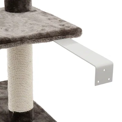 Plateforme d’arbre à chat recouverte de tissu gris, poteau en sisal beige et support métallique blanc avec trous de fixation visibles.