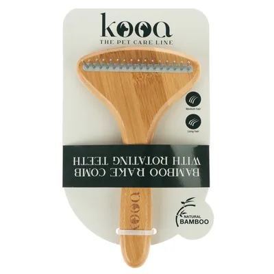 kooa THE PET CARE LINE, bambus rake comb med roterende tænder. Tekst: Medium hair, Long hair, NATURAL BAMBOO. Børste af bambus og metal.