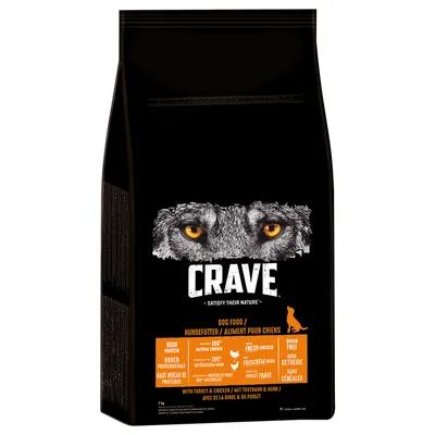 Crave suché krmivo pre psy s morčacím a kuracím mäsom, vysoký obsah bielkovín, 100% prírodné zložky, čerstvé kuracie, bez obilnín. Balenie zobrazuje vlčie oči a detaily produktu.