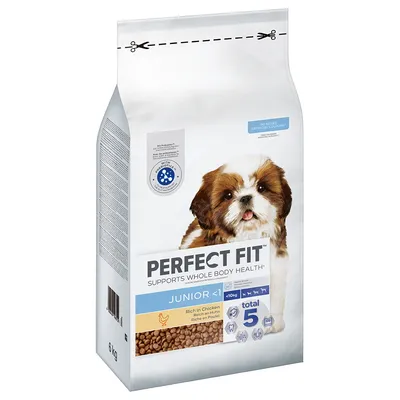 Sac de croquettes PERFECT FIT Junior <1, riche en poulet, pour chiens <10 kg, 6 kg. Texte visible : supports whole body health, total 5, with prebiotics, no added artificial colours.